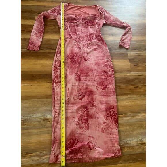 SHEIN Curve 0XL Pink Print Corset Maxi Dress Bodycon Mesh Long Sleeve Y2K - Picture 6 of 11